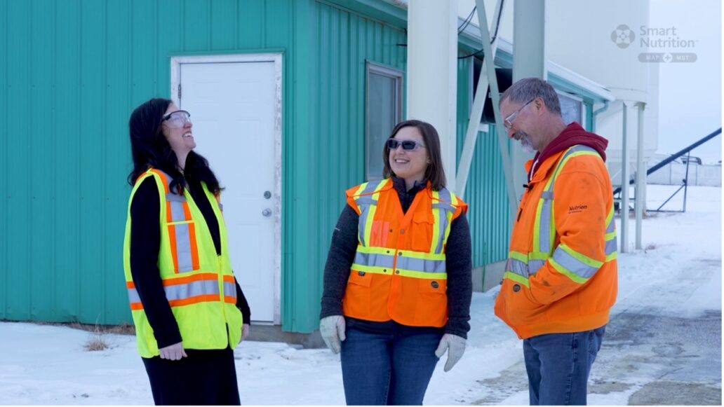 Agriculture retailers and agronomists outside Alberta retail facility during winter.