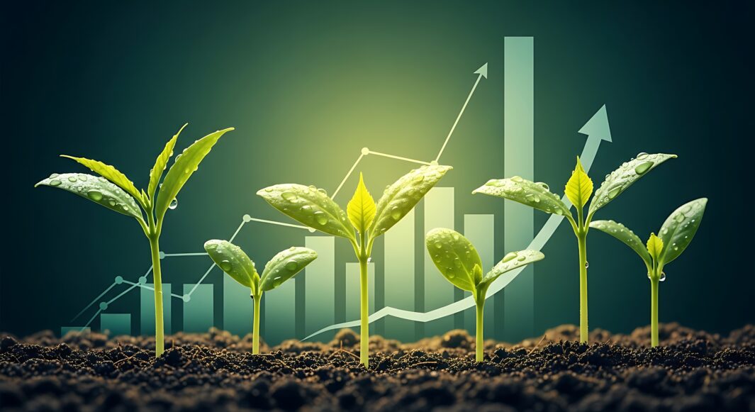Young plants growing from soil in various stages of maturity with financial charts trending upwards in the background, illustrating return on investment versus crop yield.